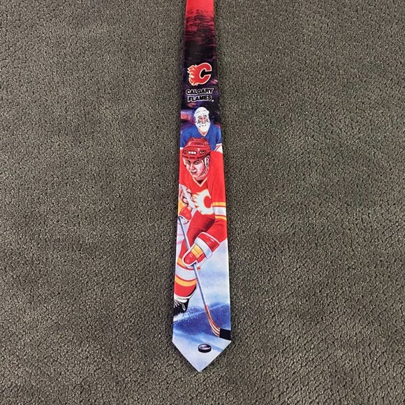 Vintage 90s Calgary Flames Necktie Ralph Marlin Neck Tie Made in USA Hockey NHL - Picture 2 of 7